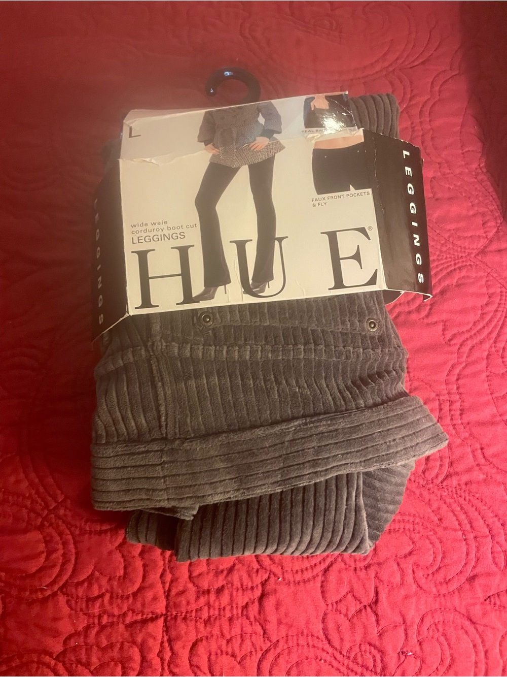 Hue wide wale grey corduroy, stretch, leggings, large